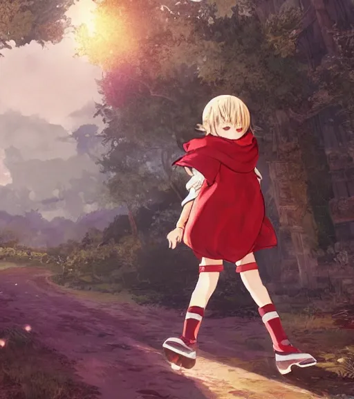 Image similar to attractive little boy character inspired in little red riding hood and venti from genshi impact, digital artwork made by akihiko yoshida and makoto shinkai