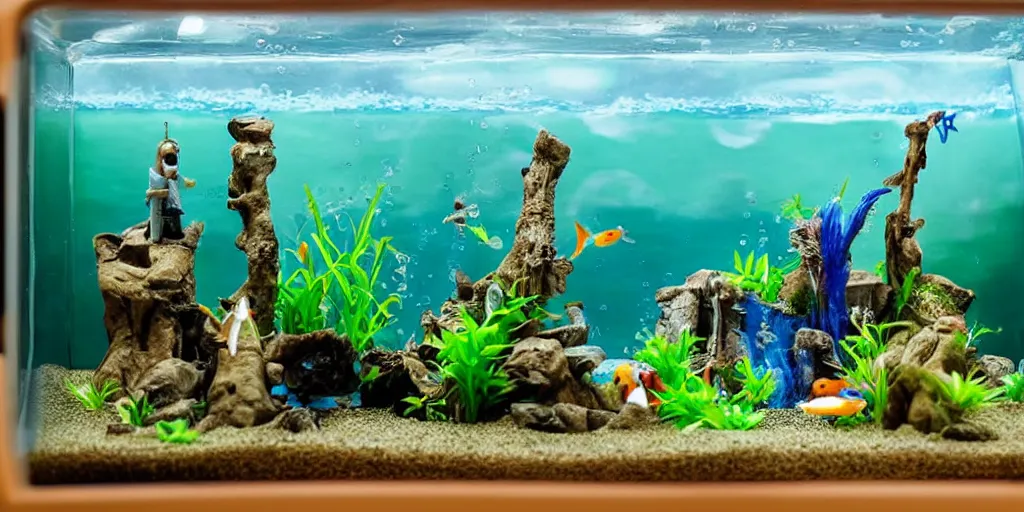 Image similar to fish tank in hospital waiting room. newt. plasticine model in water. figures clay. tilt shift. clay figure. surreal. tropical fish tank with sand. strange. weird. astrix and obelisk. bubbles form pump. tintin. hands. tank. wallace and gromit. siamese fighting fish. aquatic photography. photorealistic. waiting room