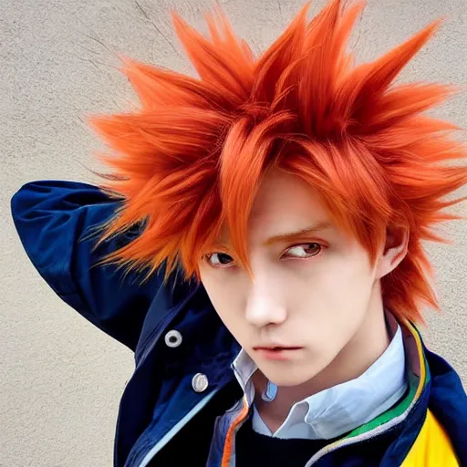 Image similar to orange - haired anime boy, 1 7 - year - old anime boy with wild spiky hair, wearing blue jacket, shibuya street, bright sunshine, strong lighting, strong shadows, vivid hues, raytracing, sharp details, subsurface scattering, intricate details, hd anime, high - budget anime movie, 2 0 2 1 anime