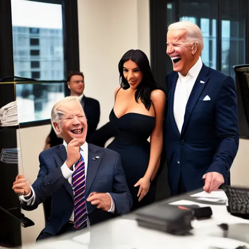 Image similar to stock photo of kim kardashian, and joe biden wearing suits and ties laughing in an office building, 8k resolution, full HD, cinematic lighting, award winning, anatomically correct