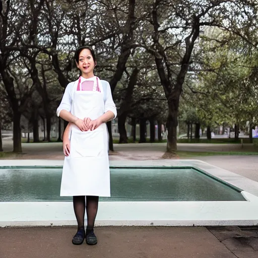 Image similar to a full body portrait of a very very very beautiful young woman wearing a white apron standing in front of a fountain in a park, very detailed, William-Adolphe, photo taken with Sony a7R