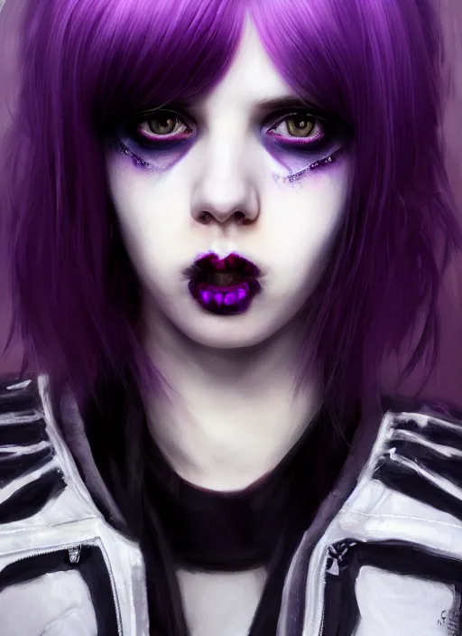 Image similar to portrait of white teenage girl, normal face, white bangs, mall goth, cyberlox, black and white hair, bangs, fluffy bangs, red contact lenses, purple lipstick, intricate, elegant, highly detailed, digital painting, artstation, concept art, sharp focus, smooth, illustration, art by wlop, mars ravelo and greg rutkowski