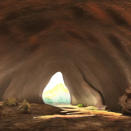 Prompt: a pre historic landscape seen through a cave entrance, volcano, dinosaurs, mammoth digital art, trending on artstation