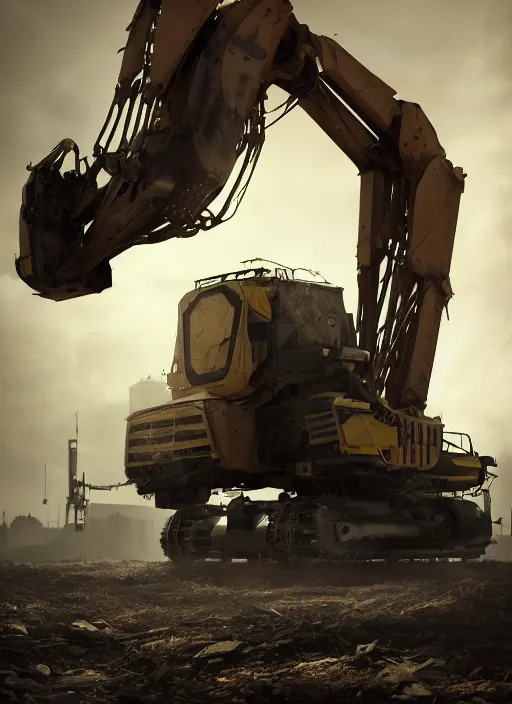 Prompt: a photorealistic dramatic hyperrealistic render of a futuristic exosuit power excavator heavy machinery, ultra realistic details, glossy yellow, well worn, rust, oil stains by vitaly bulgarov and mike nash, beautiful dramatic dark moody tones and lighting, cinematic atmosphere, studio lighting, global illumination, shadows, dark background, octane render, 8 k