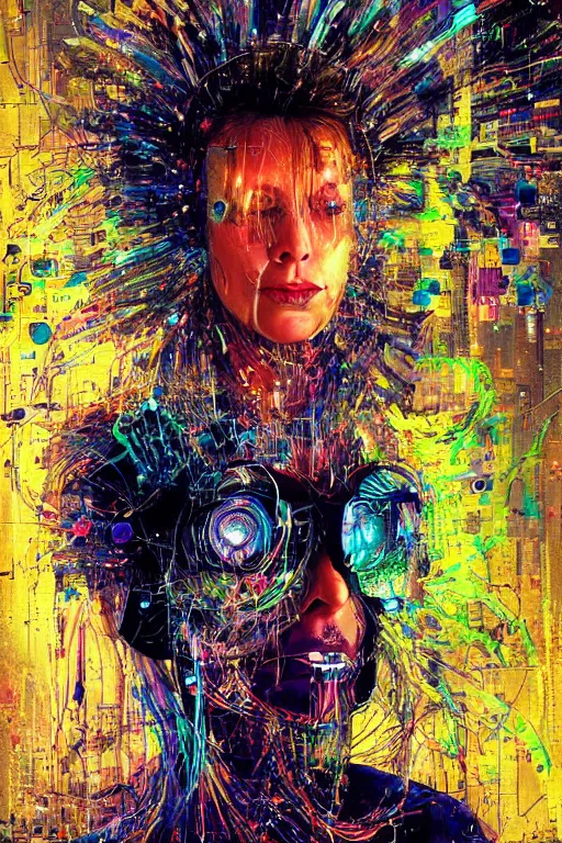 Prompt: portrait, headshot, digital painting, an delightfully crazy, wholesome techno - shaman lady in circuit electronic mask, synthwave, glitch, crystal rain, fracture, realistic, hyperdetailed, chiaroscuro, concept art, art by john berkey