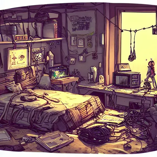 Image similar to a highly detailed illustration of a messy gamer's bedroom, tangled wires, dim lights, messy bed, a sink, cyberpunk, dystopian, artstation