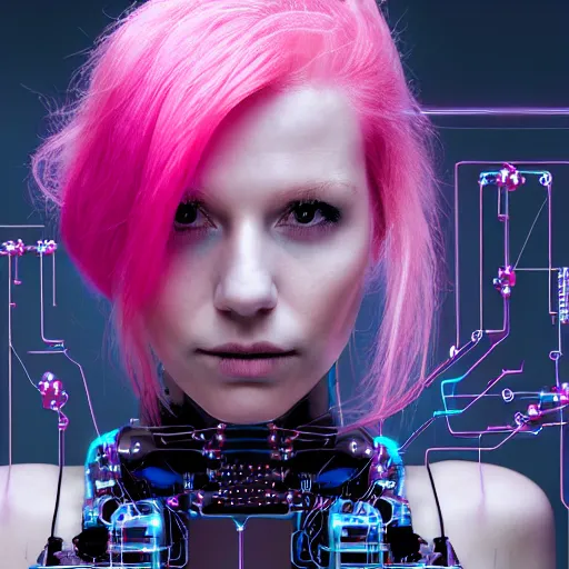 Image similar to portrait of a beautiful woman with pink hair as a cyberpunk cyborg half robot, revealing wires and electronics, circuit boards, wire management, sci - fi, missing panels, intricate abstract upper body intricate artwork, concept art, octane render, deviantart, cinematic, key art, hyperrealism, iridescent accents, portrait photograph, nikon 3 5 mm, photograph by greg rutkowski