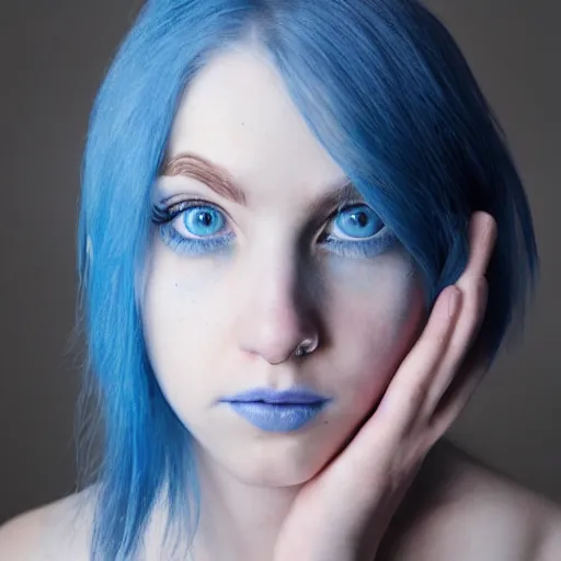 Prompt: a pale girl with piercing blue eyes and dyed blue hair, soft facial features, looking directly at the camera, neutral expression, instagram picture