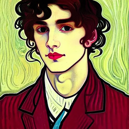 Prompt: painting of young handsome beautiful dark medium wavy hair man in his 2 0 s named shadow taehyung at the cucumber and banana and cranberry soup party, elegant, clear, painting, stylized, delicate, soft facial features, art, art by alphonse mucha, vincent van gogh, egon schiele