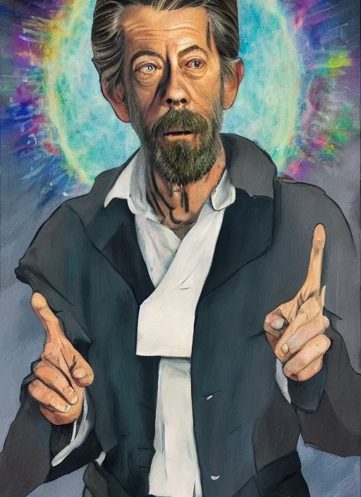 Image similar to alan watts in monk uniform falling across in the universe realism expressionism style digital painting highly detailed photorealistic, featured on artstation