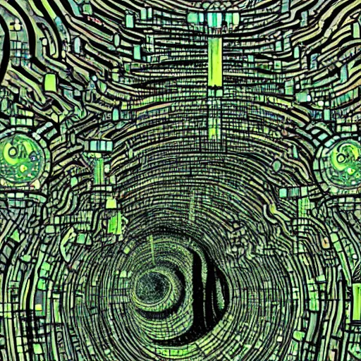 Prompt: all watched over by machines of loving grace. cybernetic forest city. in the style of uzumaki by junti ito, highly detailed