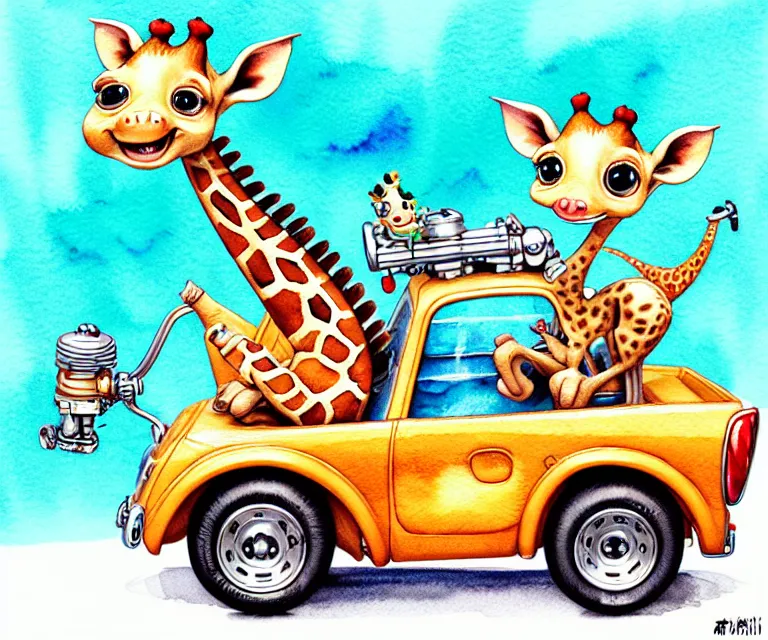 Image similar to cute and funny, baby giraffe riding in a tiny hot rod with oversized engine, ratfink style by ed roth, centered award winning watercolor pen illustration, isometric illustration by chihiro iwasaki, edited by range murata, tiny details by artgerm and watercolor girl, symmetrically isometrically centered