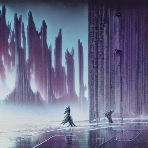 Prompt: mystic winter landscape, cyberpunk wayne barlowe