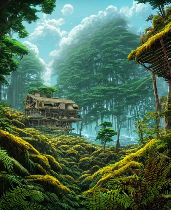 Image similar to an enormous cabin exterior, overgrown with exotic fungus, overgrown with huge ferns, cliff side, noon, sun drenched, partly cloudy, by dan mumford, yusuke murata, makoto shinkai, ross tran, cinematic, unreal engine, cel shaded, featured on artstation, pixiv