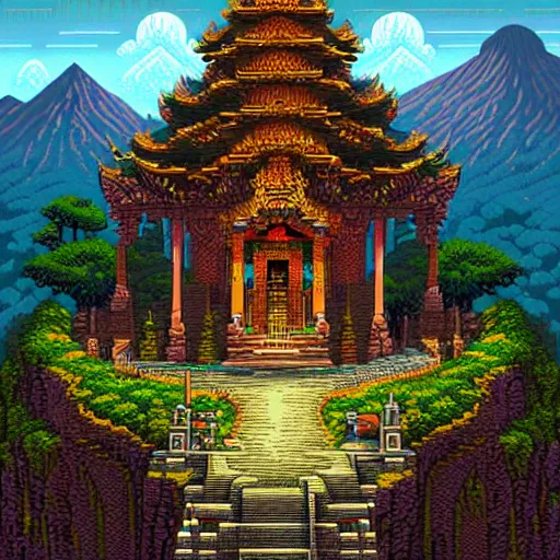 Prompt: mysterious temple in the mountains, fantasy landscape, extremely detailed, sharp focus, pixelart, wide view, digital illustration, by dan mumford, greg rutowski, johan grenier