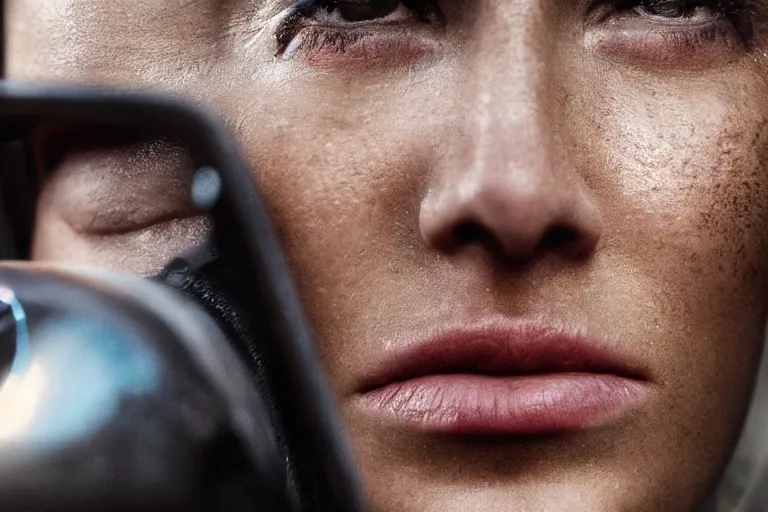 Image similar to VFX movie of a futuristic spacemarine closeup portrait in war zone, beautiful natural skin natural lighting by Emmanuel Lubezki