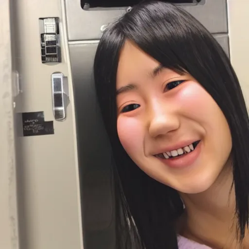 Prompt: a strange looking bust of a 1 9 years old japanese girl, smiling, found in the vent system