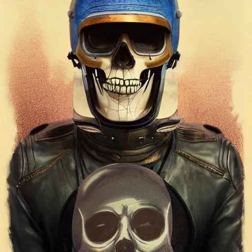 Image similar to a portrait of an anthropomorphic vintage skull in a racing helmet by sandra chevrier, detailed render, epic composition, cybernetics, 4 k realistic, cryengine, realistic shaded lighting, sharp focus, masterpiece, by matteo scalera, gary montalbano, peter elson in the style of the tokyo ghost comic