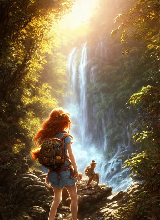 Image similar to detailed intricate digital illustration by james gurney and greg rutkowski and artgerm and wlop and sanford robinson gifford ; young red - haired explorer girl with a backpack and map, in an ancient forest, shimmering waterfall in background ; 1 3 mm film, arri alfa anamorphic lens ; sharp focus, golden hour lighting, trending on artstation 4 k