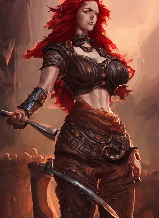 Prompt: a highly detailed illustration of fierce red haired blacksmith woman wearing blacksmith apron and armor, hyperdetailed perfect face, dramatic working pose, intricate, elegant, highly detailed, centered, digital painting, artstation, concept art, smooth, sharp focus, league of legends concept art, wlop.