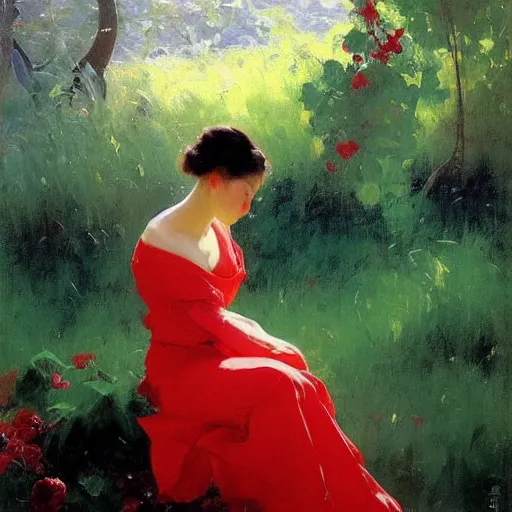 Image similar to yanjun cheng portrait of a beautiful woman, red dress, floral patterns by norman rockwell, bouguereau