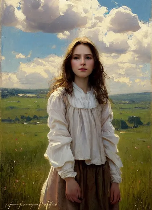 Image similar to portrait of girl dressed in white clothes , countryside, country style, country house, fantasy character portrait, dynamic pose, above view, view from above, sunny day, thunder clouds in the sky, artwork by Jeremy Lipkin and Giuseppe Dangelico Pino and Michael Garmash and rob rey, very coherent symmetrical artwork, perfect face, simple form, 100mm