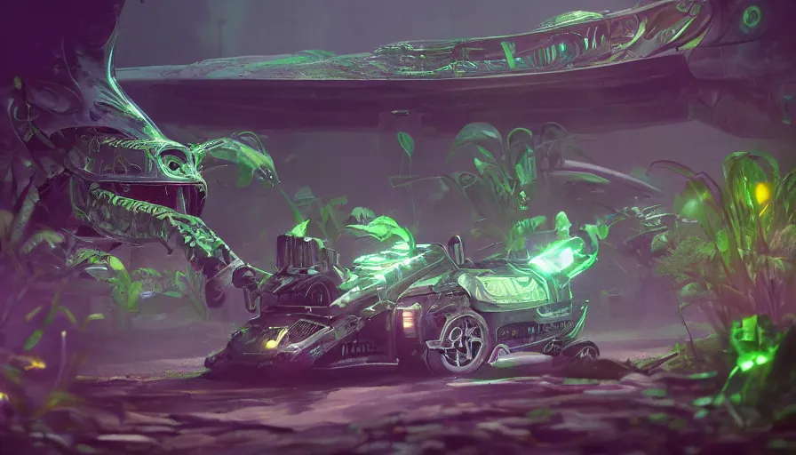 Image similar to A fancy alien car!! abandoned on a magical biome full of oddities, slimy plants, goofy, sparky, full sun, positive vibes, behance, artstation, unreal render, unreal engine 5, octane, smooth, 8k