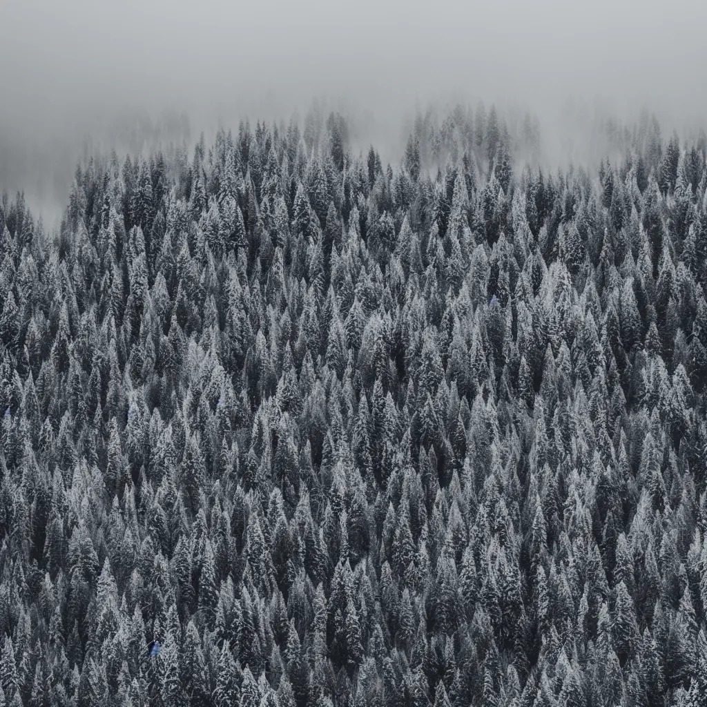 Prompt: monochrome and eerie photograph of misty forests and snow topped mountains