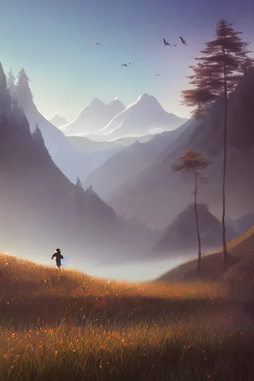 Image similar to beautiful matte painting by goro fujita concept empty world art fantasy path mountains and meadow in the background near a lake reflecting the trees, atmospheric lighting, painted, intricate, volumetric lighting, beautiful, rich deep colors masterpiece, sharp focus, ultra detailed by