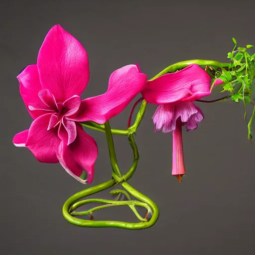 Image similar to studio photograph of a thin green vine creature with vine limbs and a pink blooming flower bulb with many sharp teeth