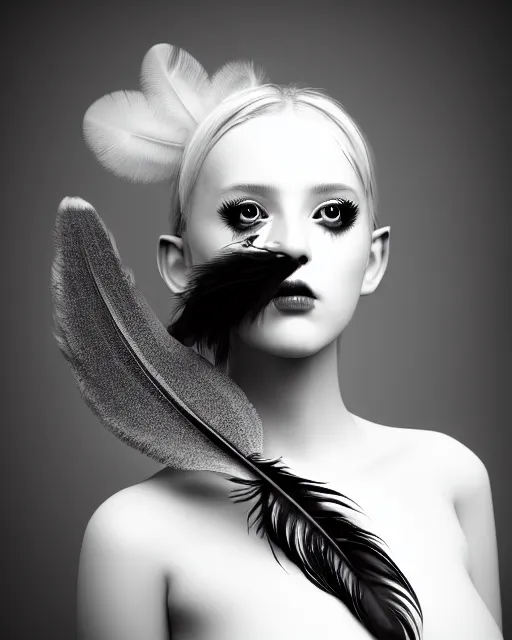 Image similar to surreal mythical dreamy dark artistic black and white fine art 3 / 4 portrait photo of a young delicate mutant female - orchid - bird - cyborg with feather hair, rim light, cinematic, studio dramatic light, poetic, octane render, 8 k, photo - realistic