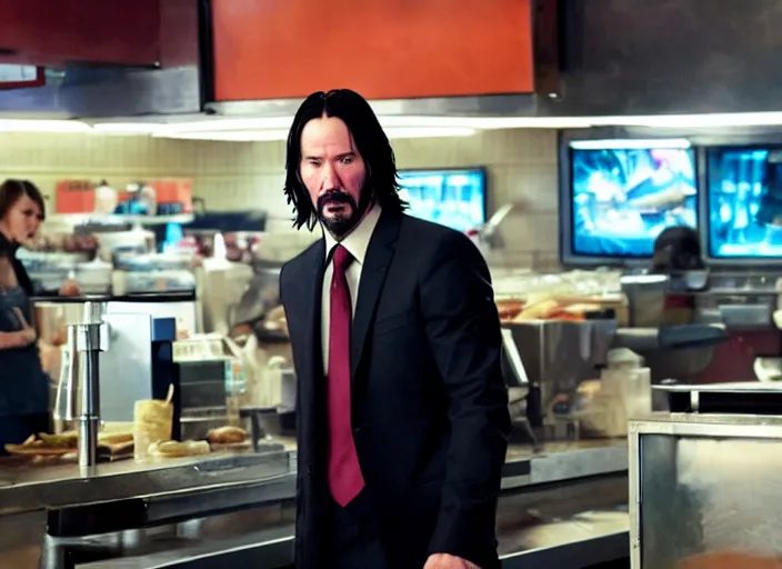 Prompt: film still of john wick played by keanu reeves working in a fast food restaurant in the new john wick movie, 4 k