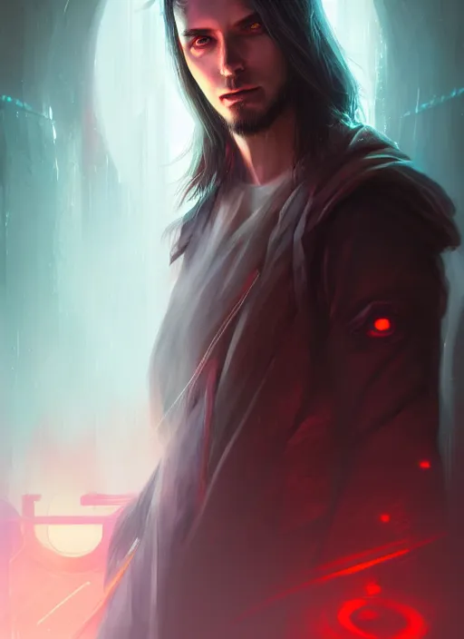 Image similar to « a portrait o cyberpunk jesus, glowing eyes, a digital painting by charlie bowater, featured on cgsociety, fantasy art, behance hd, wiccan, artstation hd »