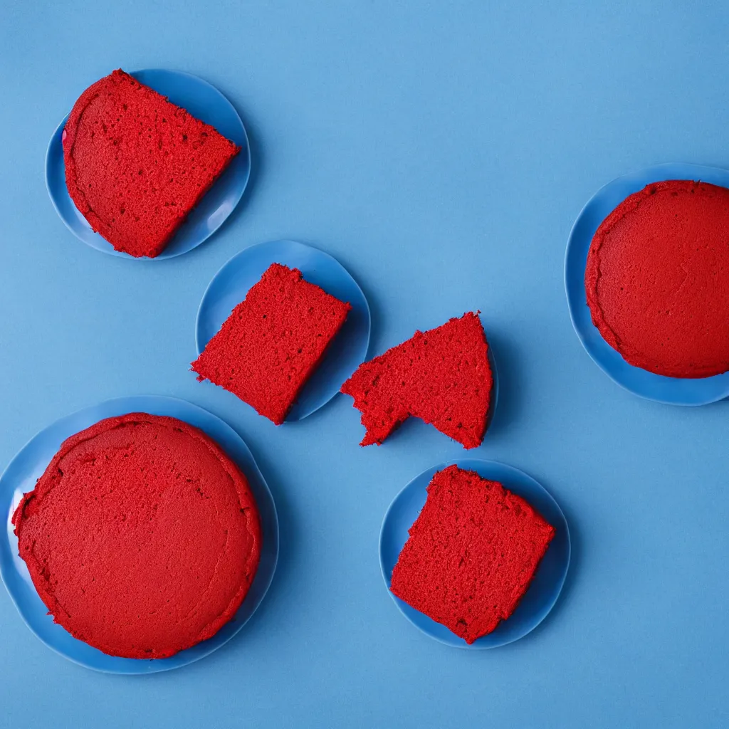 Image similar to top-down view of red cake on top of a blue surface, 8k, high detail, photorealistic, proper shading