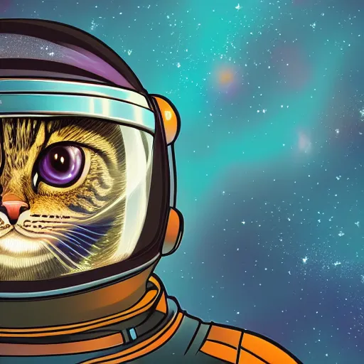 Image similar to epic scale space kitty, eyes like galaxies, flying through space, wearing a space suit and space helmet, soaring through the stars, ultra detailed, 4 k, 8 k, digital illustration