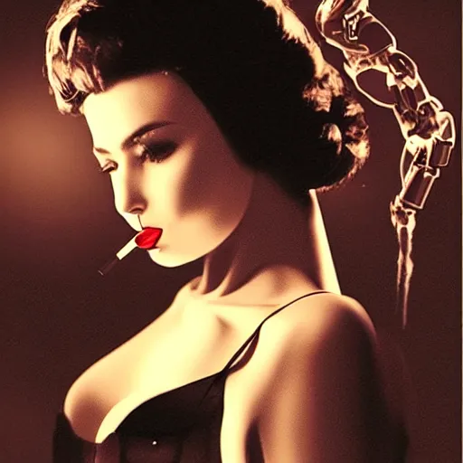 Image similar to beautiful portrait of a sultry female robot smoking a cigarette, film noir