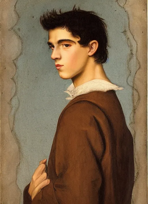 Image similar to a Spanish teenage boy with dark hair and green eyes, sharp jawline with a light beard, done in the style of a renaissance royal portrait