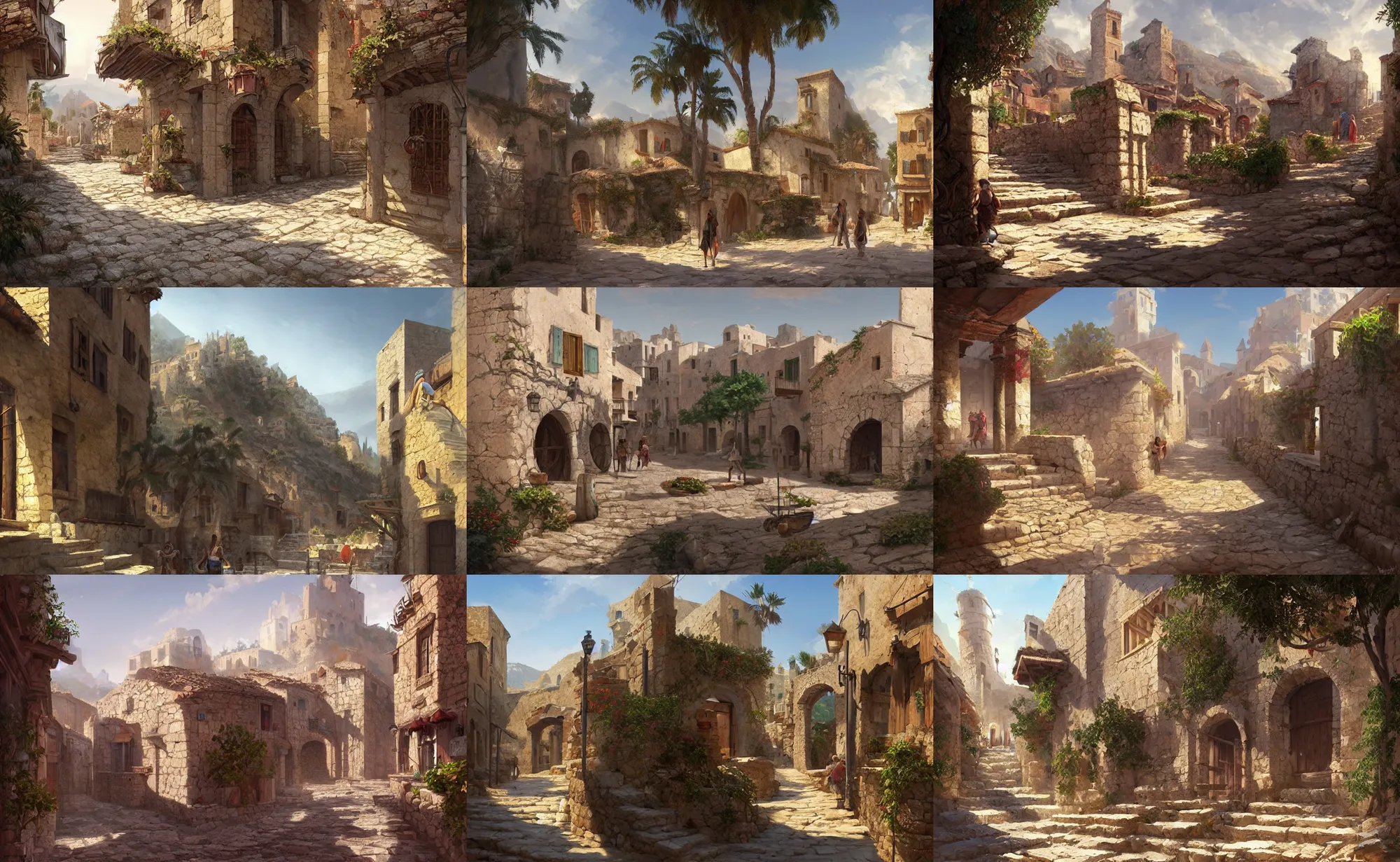 Prompt: ancient mediterranean village, street view, digital painting, artstation, concept art, sharp focus, illustration, art by aleksi briclot and greg rutkowski and raphael lacoste