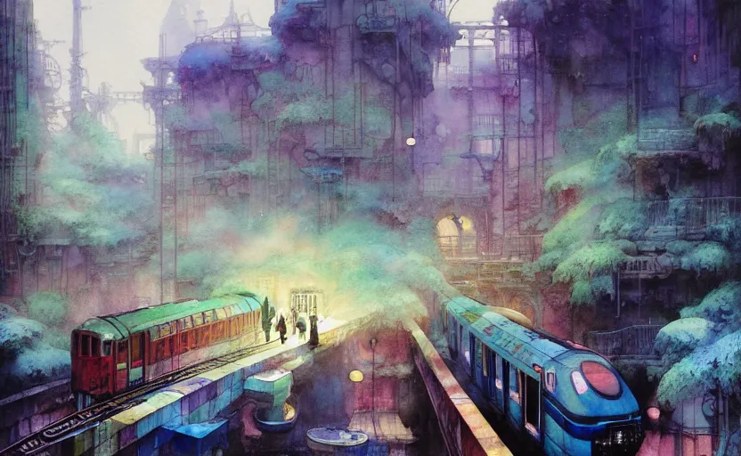 Image similar to an urban train rides inside of a waterway on a fantasy city. intricate, amazing composition, colorful watercolor, by ruan jia, by maxfield parrish, by marc simonetti, by hikari shimoda, by robert hubert, by zhang kechun, illustration, gloomy