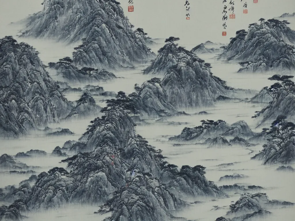 Image similar to its torrent dashes down three thousand feet from high ; as if the silver river fell from azure sky, cinematic landscape ， on a snowy day, natural light, ink painting, traditional chinese painting, by xu beihong