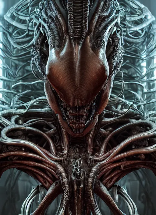 Image similar to an organic anatomical portrait of sigourney weaver blended with a xenomorphic alien queen, twisting organic tendrils, haze, highly detailed, hyper real, futuristic, volumetric interior lighting, artstation, unreal engine render 8 k greg rutkowski, hr giger