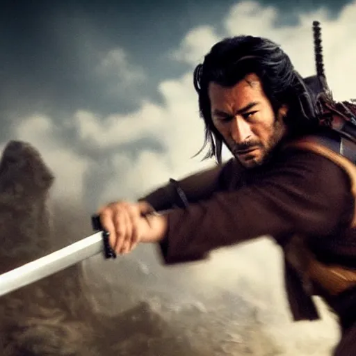 Image similar to handsome and strong kurdish samurai wielding a katana in a movie directed by christopher nolan, movie still frame, promotional image, imax 7 0 mm footage, perfect symmetrical facial features