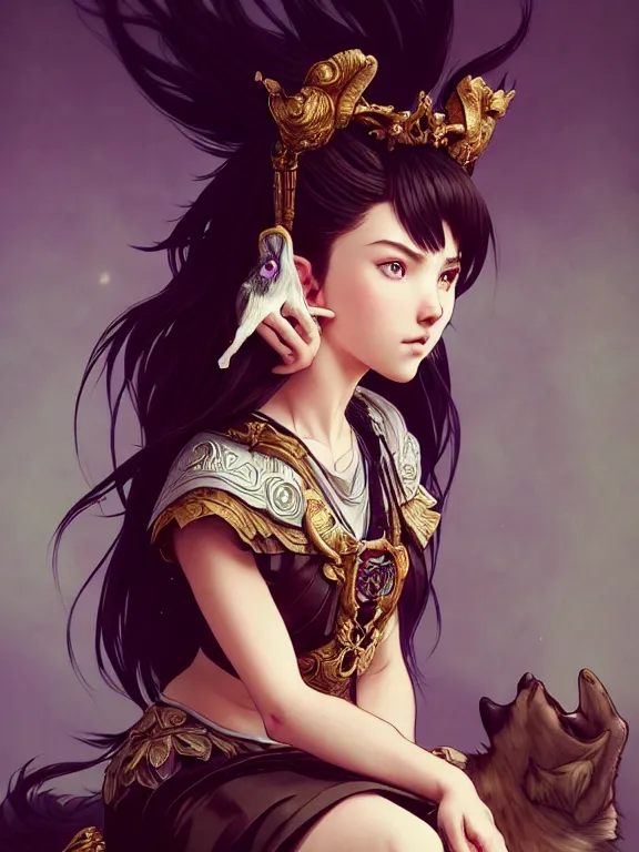 Image similar to full body picture of a girl with wolf ear sitting on the throne, bored, beautiful and aesthetic, intricate, unreal engine, messy hair, highly detailed, detailed face, smooth, sharp focus, chiaroscuro, manga illustration, artgerm, greg rutkowski, ilya kuvshinov, rossdraws, alphonse mucha, young adult light novel cover art