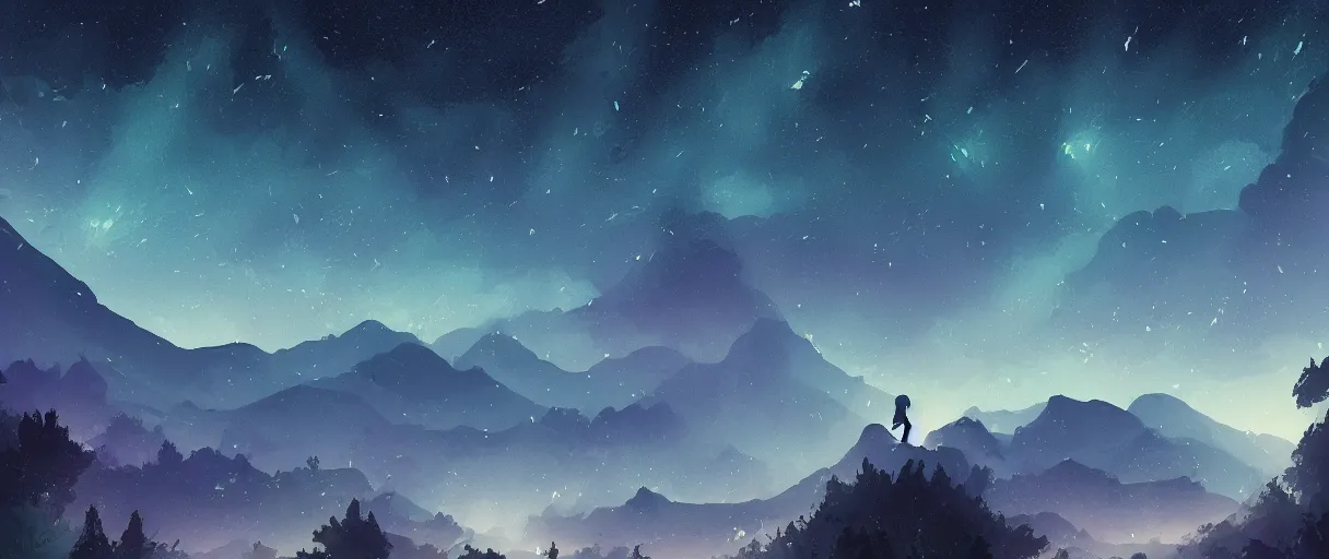 Image similar to digital painting of a ultra detailed night sky with constellations, detailed very beautiful girl swimming in a blue pool, Perseides meteor shower, ultra detailed hill top over behind a forest, large mountains in back, concept art, low angle, high detail, warm lighting, volumetric, godrays, vivid, beautiful, trending on artstation, by Jordan Grimmer, no focus, huge scene, ultra detailed trees, F11 aperture, in the style of JIM RICHARDSON