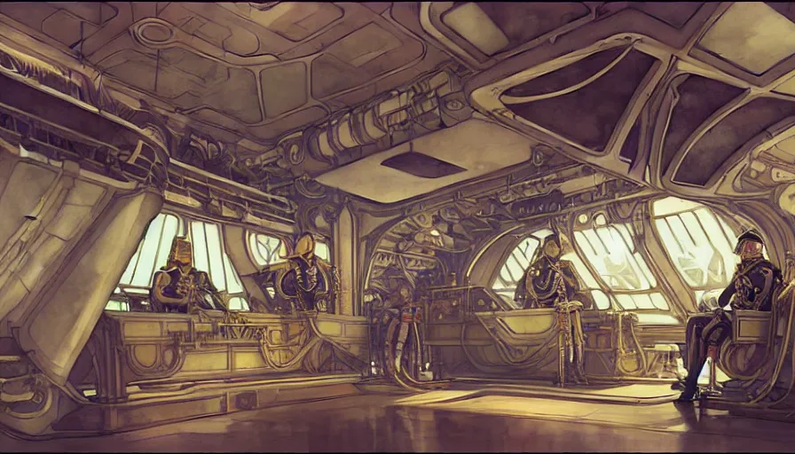 Prompt: airship interior throne room bridge of warship, captain's chair, bridge crew, starship, throne room, french baroque, napoleonic, dieselpunk science fiction, steampunk, command and control center, sharp, concept art watercolor illustration by mandy jurgens and alphonse mucha, dynamic lighting