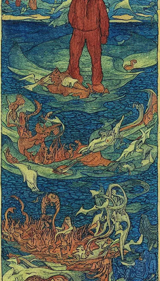 Prompt: man on boat crossing a body of water in hell with creatures in the water, sea of souls, by ivan bilibin,