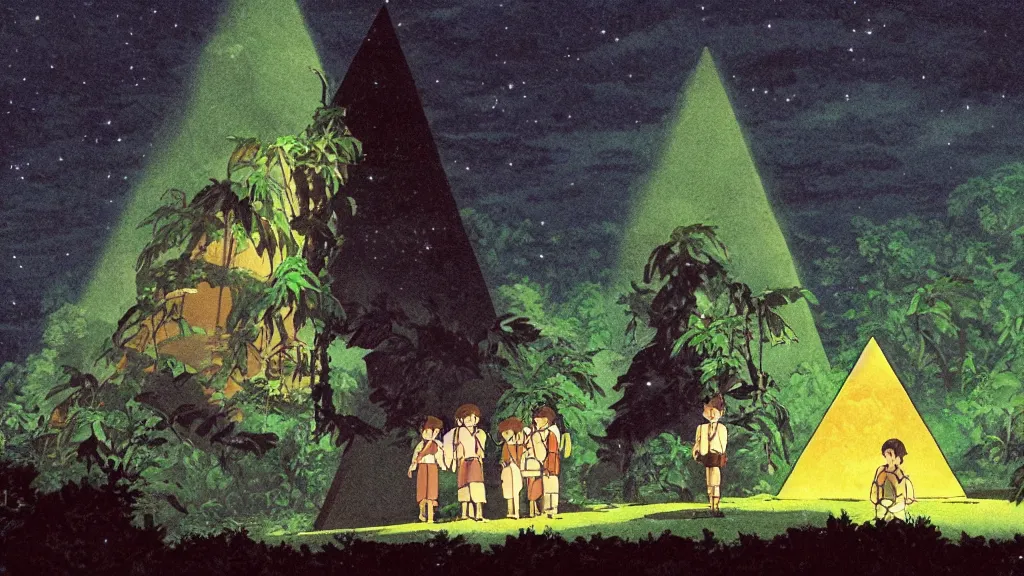 Image similar to a movie still from a studio ghibli film showing a glowing pyramid in the rainforest. a group of heroes train martial arts on a misty starry night. by studio ghibli