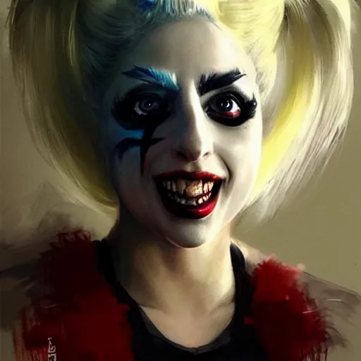 Image similar to lady gaga as harley quinn, painted by wenjun lin, greg rutkowski