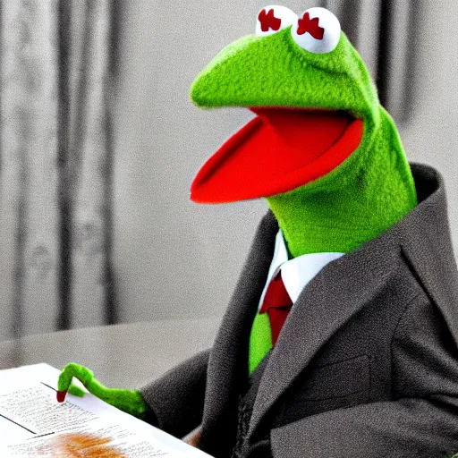 Image similar to Kermit the frog as President sitting in the Oval Office signing papers wearing a suit and tie