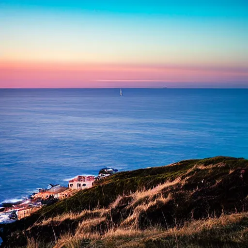 Image similar to deep blue, blue hour, early night, deep blue atmosphere, overcast, low light, black and blue sky, sundown, scattered islands, sea, ocean, low pressure system, cloud with eye, very windy, late evening, distant hotel retreat on cliffside, shining lights on cliff side, polaroid photograph